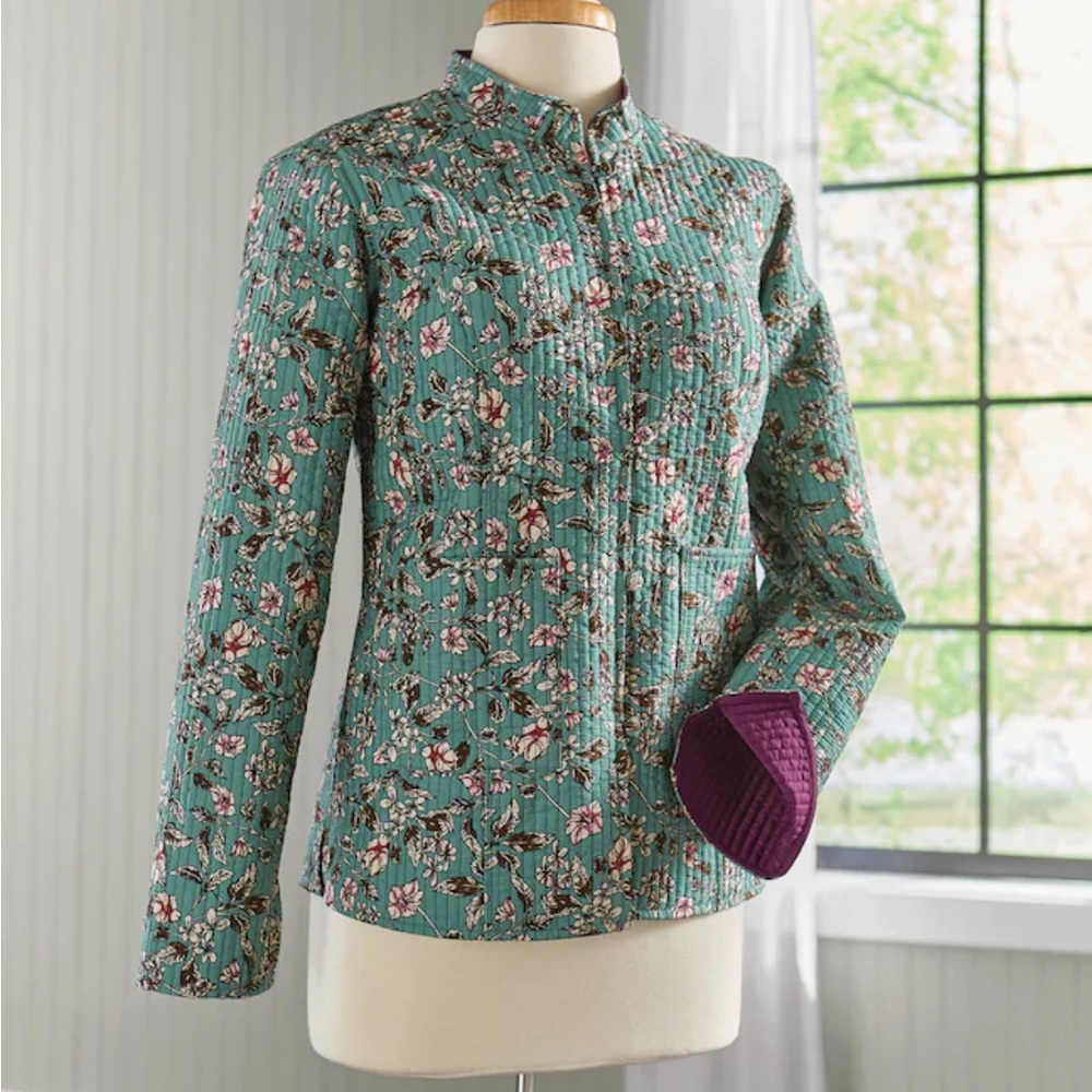 NEW Through the Country Door Quilted‎ Jacket Teal Floral Burgundy Size Large